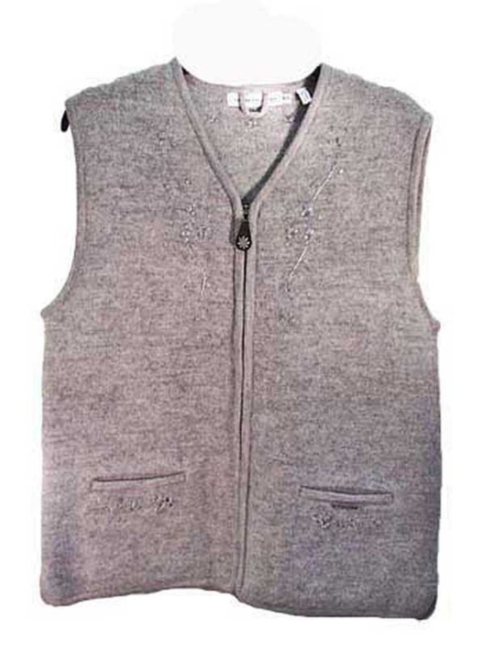 VEST, 100% WOOL, ZIP FRONT, MISSES XL, LIGHT GRAY, EMBROIDERED AND HAND FRAMED,